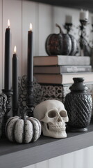 Black candles, vintage books and a skull create a dark Halloween still life with gothic decor, moody tones and mysterious seasonal atmosphere.