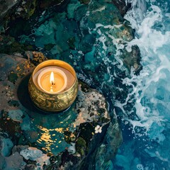 Golden bowl candle by the water