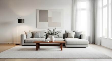 Fototapeta premium Modern living room showcases a comfortable gray sectional sofa, paired with a wooden coffee table, adorned with pillows and decor, bathed in soft light near a window with sheer curtains and a neutral