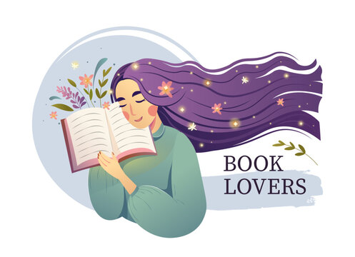 Happy woman reading fiction book. Vivid imagination, fantasy concept. Girl reader with flying butterflies and flowers and fancy literature. Flat graphic vector illustration on white. Book Lovers Day