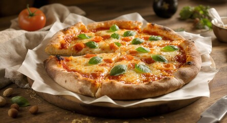 Delicious homemade pizza with fresh basil on a wooden table with a rustic background and warm lighting.