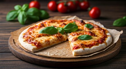 Delicious homemade pizza with fresh basil on a wooden plate against a rustic background with tomatoes.