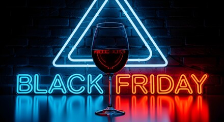 Black friday neon sign with a glass of red wine in front of a triangle shape, glowing in the dark