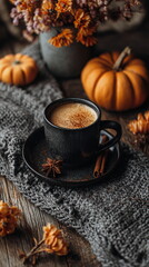 Hot pumpkin spice drink with cinnamon sticks and pumpkin decor creates a cozy autumn vibe perfect for seasonal food content and lifestyle visuals.

