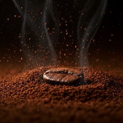 Freshly Roasted Coffee Bean Surrounded by Ground Coffee with Steam, and Dark Background.