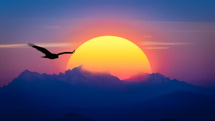 Obraz premium Silhouette of bird flying at sunset over mountains
