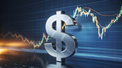 Dollar sign with stock market chart in the background view