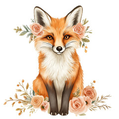 Fototapeta premium Floral Fox watercolor Clipart PNG
