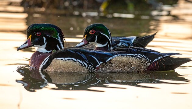 Two Wood Ducks on water, side view