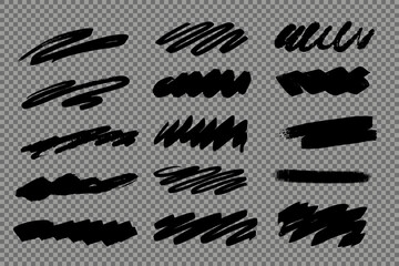 Hand drawn pencil lines and squiggles set. Vector charcoal smears and swirls. Doodle style sketchy lines, isolated on transparent background.