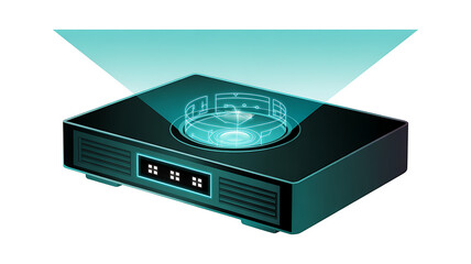 Obraz premium Futuristic black device projecting a cyan holographic circular interface and light beam projector technology
