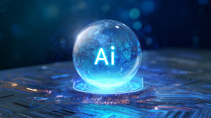Glowing AI Sphere on a Circuit Board
