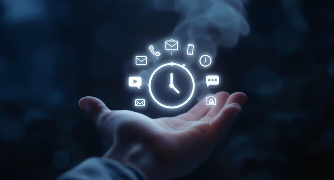 Close-up of a hand with glowing digital icons and a clock floating above it in a dark background with a futuristic and technological mood.