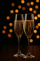 Close-up of champagne glasses with golden Christmas lights bokeh