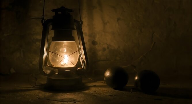 Warmly lit vintage lantern with glowing light bulb on a table with two metal spheres in a dimly lit rustic room with earthy tones.