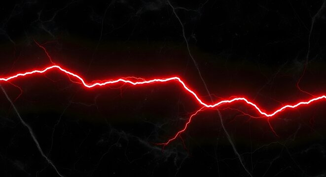 A bright red lightning bolt crackles across a dark, textured background, creating a dramatic and energetic visual