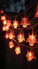 Warm orange skull-and-bat string lights cast a cozy glow, bringing festive Halloween charm to autumn interiors—perfect for party setups, windows, and seasonal branding.