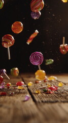 Colorful lollipops and candies swirl in midair, creating a playful confectionery scene ideal for party visuals, Halloween promotions, and sweet-themed ads with bright studio lighting.
