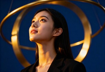 A visionary young Asian businesswoman looks up, illuminated by a hopeful golden light