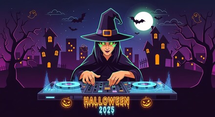 halloween dj witch spinning spooky tunes at a haunted house party under a full moon a fun graphic for october events and holiday promotions