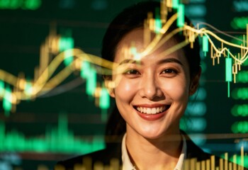 Confident Female Investor Smiling with Abstract Forex Trading Graph Overlay