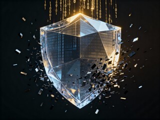 Cybersecurity data breach concept with a shattered crystal security shield and binary code