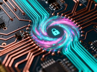 Futuristic concept of network security with a glowing lock symbol on a high-tech motherboard