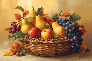 Vibrant Autumn Fruit Basket Illustration with Seasonal Harvest Colors