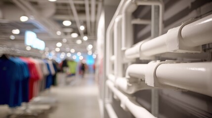Close medium shot showcasing geothermal HVAC piping discreetly integrated into a retail basement foreground pipes crisp and focused upper store levels softly out of focus.