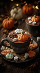 Warm cocoa with pumpkin marshmallows and rustic fall decor evokes comfort and holiday flavor ideal for cafés, blogs and Thanksgiving visuals.
