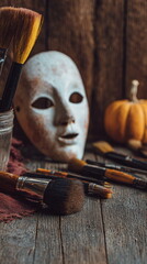 White theatre mask surrounded by makeup brushes and pumpkins creates a dramatic Halloween still life blending artistry, mystery and seasonal decor.
