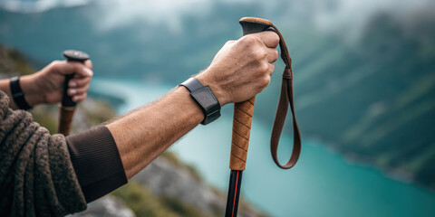 Hiking poles held by traveler with smartwatch on wrist overlooking scenic mountain lake inspiring travel and adventure in nature