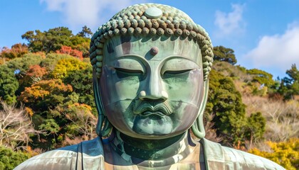 Close-up of a colossal Buddha statue. Autumn foliage in background