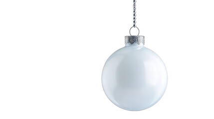 White Glass Ornament Hanging on Silver Chain Against Black Background