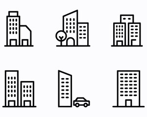 Stylized Line Art Depiction of Various City Buildings Depicting the Architectural Variety of Urban Spaces and a Modern Car in Transportation Designs