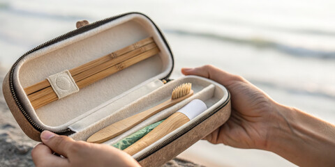 Eco friendly travel toothbrush and bamboo cutlery set in portable case held by hands near beach for adventure and sustainable living