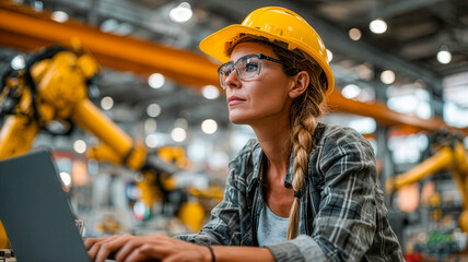 Woman in a factory working on a laptop