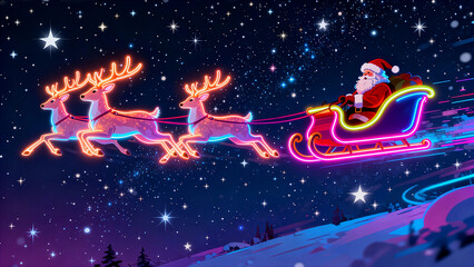Illustration of a Santa Claus in his sleigh pulled by reins
