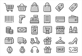 Modern shopping icons with carts, bags, discounts, payments, and e-commerce symbols.