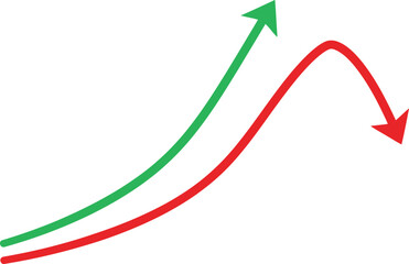 Two curved lines showing growth and decline isolated on white background, one green and one red, trending up and down