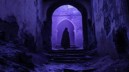 Mysterious figure ascends aged steps through archway in moroccan medina