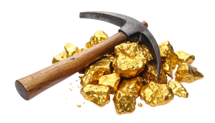 Gold Nuggets and Mining Hammer Precious Metal Extraction Concept Isolated on solid white Background