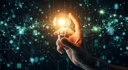 Illuminating Innovation A Hand Holding a Lightbulb Amidst a Network of Technological Data
