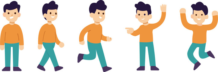 Cartoon funny cute office boy character, Cartoon male character kit, Presentation in various action with emotions, running, standing and walking