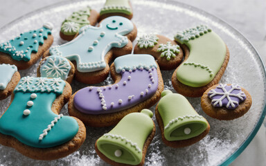 Happy festive gingerbreadman cookies on plate, decorated sweet treat with colorful icing. This holiday food evokes joyful feeling perfect for Christmas celebration