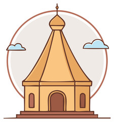 Traditional Asian temple building cartoon illustration with stepped base and clouds