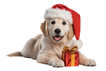 Adorable Golden Retriever Puppy in Santa Hat with Gift