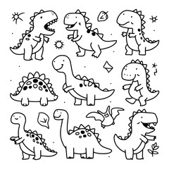 Cute dinosaur illustrations featuring various species in playful poses on a simple background © NelaRov