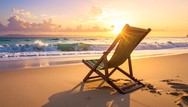 Empty Beach Chair Facing Ocean Waves, Golden Hour Light, Tropical Vacation Mood - Powered by Adobe