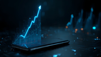 Dramatic Stock Market Success Concept Featuring a Massive Glowing Blue Arrow Ascending from a Smartphone Over a Dark Cityscape